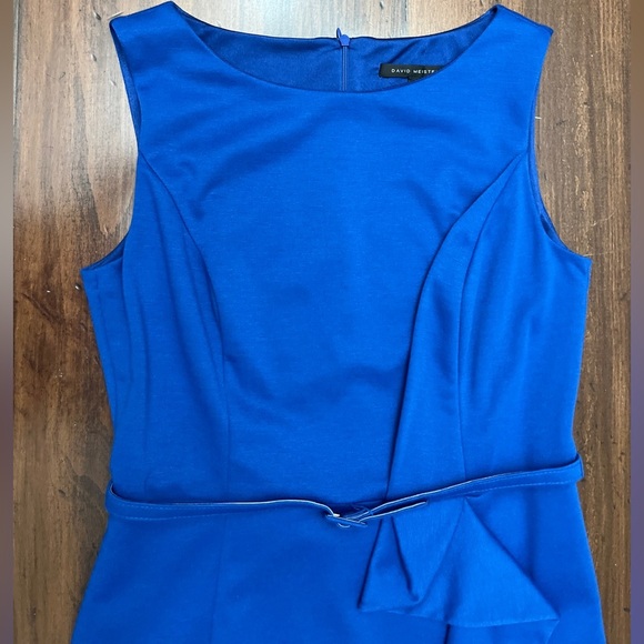 David Meister Sheath Dress Blue Size 6 Belted Ruffle Business Chic Sleek EUC - Picture 8 of 16